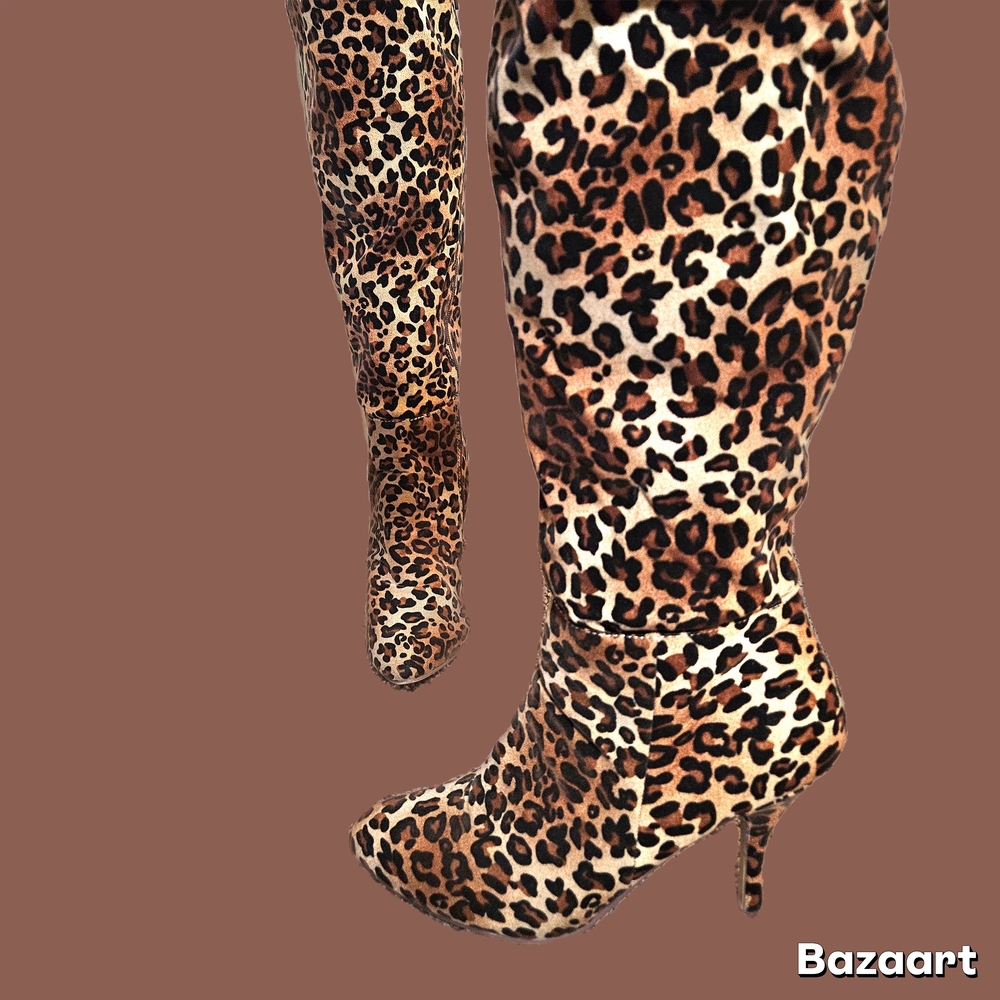 Womens Leopard Animal Print Knee-High Boots Sz 9 Formal Casual 3-inch heel
